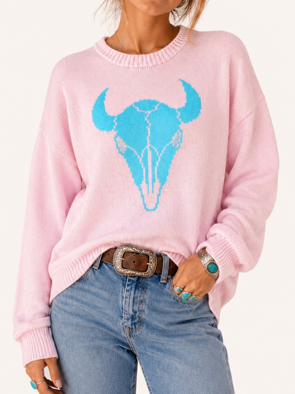 Vintage 80s Jane Smith Aspen Bull Skull Pink Cotton Western Sweater M